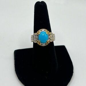 Gems en Vogue Sleeping Beauty Turquoise & Zircon Ring Sz 7.75